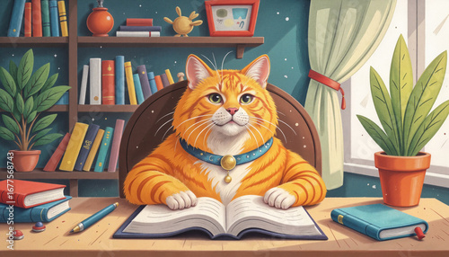 Cat studying a book in a cozy library setting