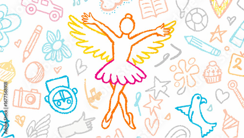 Illustration of a ballerina with wings surrounded by various doodles on a white background art style silhouette