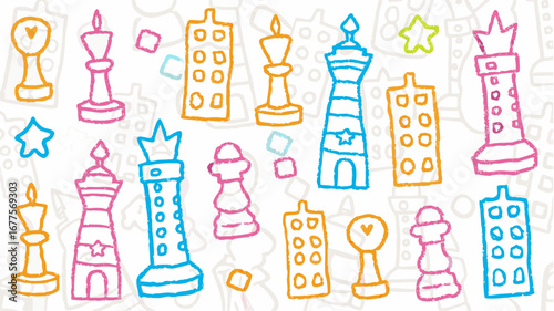 Colorful crayon drawing featuring chess pieces and building outlines scattered on a white background silhouette