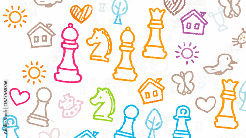 A whimsical doodle featuring chess pieces, houses, hearts, trees, suns, and butterflies scattered randomly silhouette