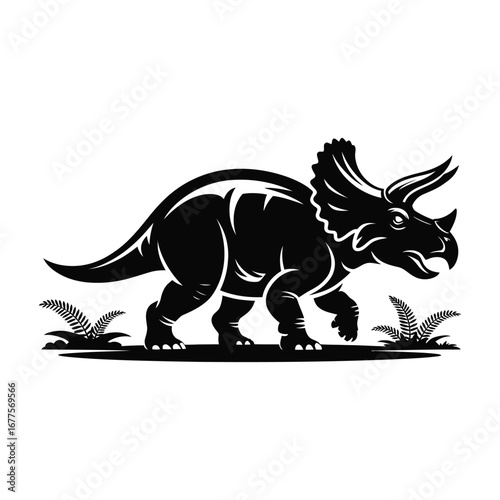 Triceratops Silhouette Illustration Black Vector Depicting Prehistoric Herbivore in a Black Silhouette Illustration on a White Background