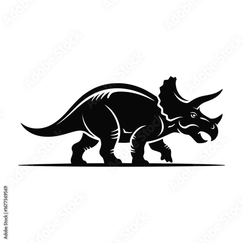 Triceratops Dinosaur Silhouette Illustration Black Vector Design Standing in Profile View with Horns and Frill Detailed and Mouth Open