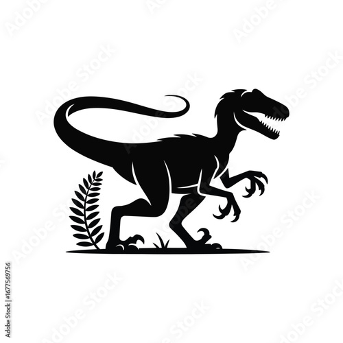 Velociraptor Silhouette Illustration Black Vector: Agile Predator Stalking, Detailed Outline of a Prehistoric Hunter, Isolated Design