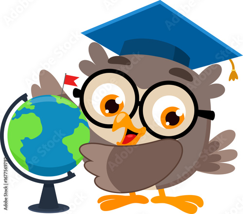 Cute Owl Teacher Cartoon Character Pointing At Globe And Teaching Geography - Vector Illustration Flat Design Isolated On Transparent Background