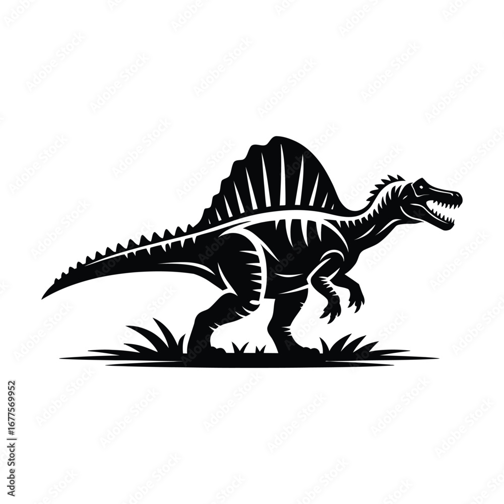 Fototapeta premium Spinosaurus Silhouette Vector Illustration Black and White Graphic Design of a Prehistoric Dinosaur Walking on Grass