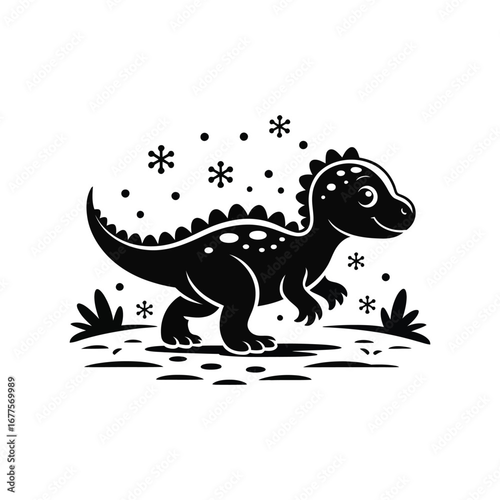 Fototapeta premium Cute Dinosaur Silhouette Illustration Vector Art in Black Depicting a Cartoon Character on a White Background with Snowflakes