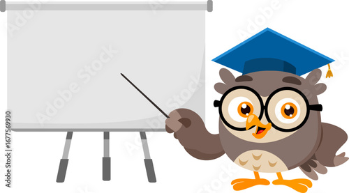 Owl Teacher Cartoon Character Explaining Lesson With Pointer Stick In Front Of Blank Presentation Board - Vector Illustration Flat Design Isolated On Transparent Background