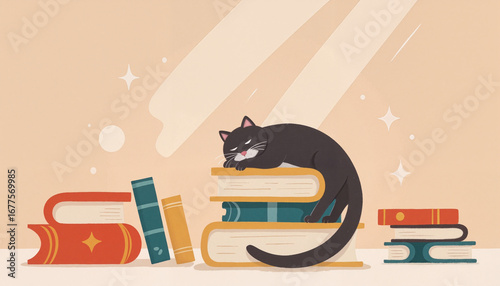 Black cat sleeping on stacked books