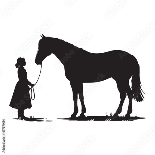Silhouette of a young girl holding a horse by its reins in a grassy field black and white animal