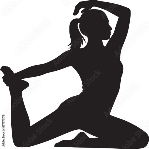 Silhouette of a woman in a yoga pose with one leg bent and arm raised on a white background