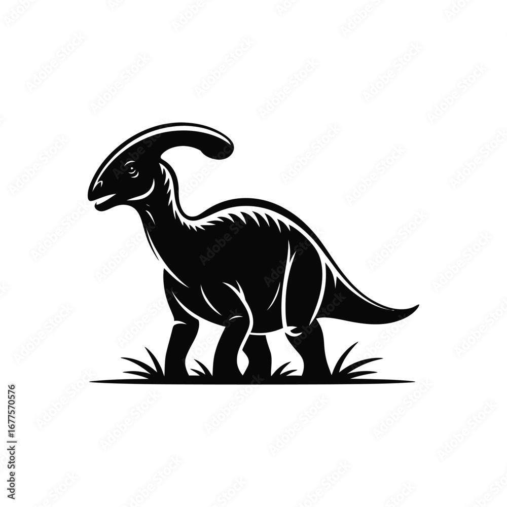 Obraz premium Parasaurolophus Silhouette Illustration Vector: Black Dinosaur with Grass on White Background, Prehistoric Creature in Nature