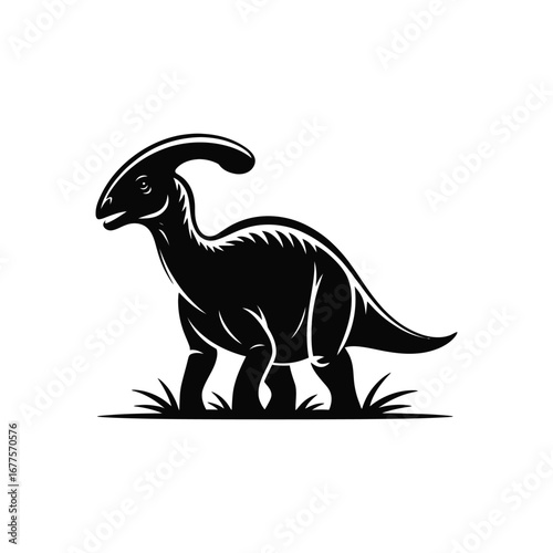 Parasaurolophus Silhouette Illustration Vector: Black Dinosaur with Grass on White Background, Prehistoric Creature in Nature