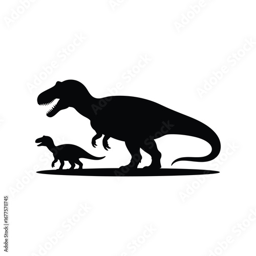 Tyrannosaurus Rex and Juvenile Silhouette Illustration Black Vector Depicting a Mother and Child in the Prehistoric World