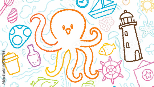 Doodle style drawing featuring an octopus, lighthouse, boat, fish and other sea themed elements silhouette