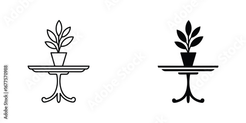 Simple potted plant on elegant pedestal table: line art icons, black and white, minimalist design.