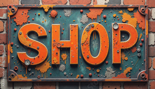 Shop sign with colorful paint splatters on textured wall