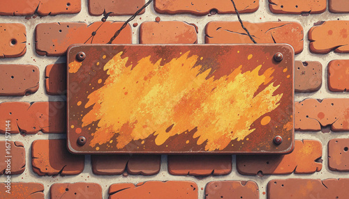 Rustic signboard with orange paint splashes on brick wall