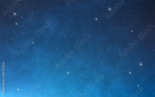 Starry night sky. Glowing stars on deep blue space background. Bright magic universe. Stardust cosmos texture. Outer space with constellations. Vector Illustration.