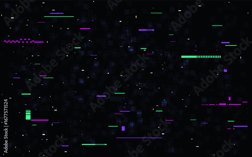 Glitch distortion background. Vibrant neon lines and data error effect on dark screen. Tech, cyberpunk or digital theme template. Futuristic overlay noise. Vector Illustration.