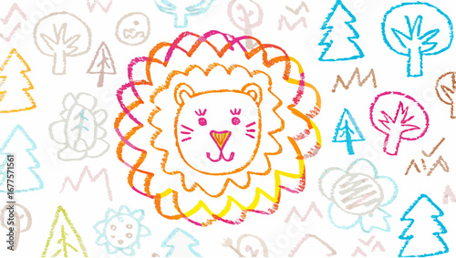 Illustration of a lion head with colorful mane surrounded by trees and floral doodles on white background silhouette