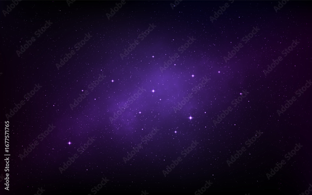 Fototapeta premium Universe background. Purple space with glowing stars and cosmic nebula. Deep cosmos texture. Milky Way with stardust effect. Starry violet nebula. Vector Illustration.