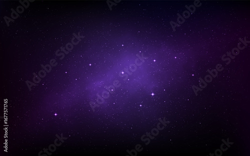 Universe background. Purple space with glowing stars and cosmic nebula. Deep cosmos texture. Milky Way with stardust effect. Starry violet nebula. Vector Illustration.