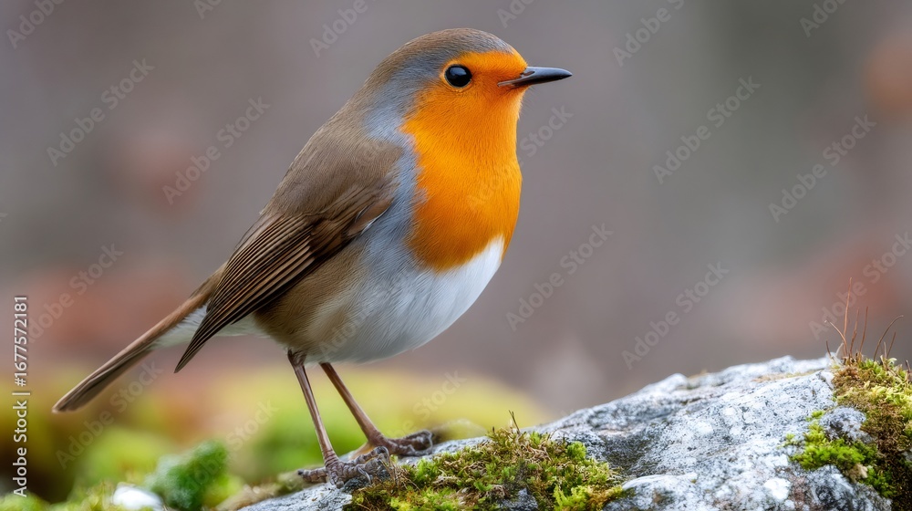 Obraz premium European robin perched on mossy rock, wildlife photography