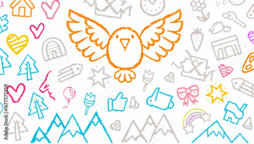 Illustration of an orange bird with outstretched wings surrounded by various doodle icons and shapes art silhouette