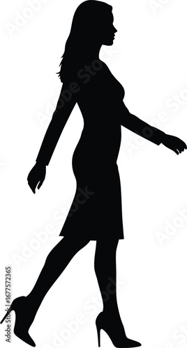 Silhouette of a stylish businesswoman walking confidently in heels isolated on white background