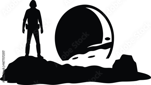 Lone explorer silhouette standing on rocky ground with large moon in background, mysterious night scene adventure discovery illustration