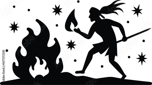 Tribal warrior silhouette holding torch near fire under night sky with stars, ancient ritual ceremony illustration, primitive culture design
