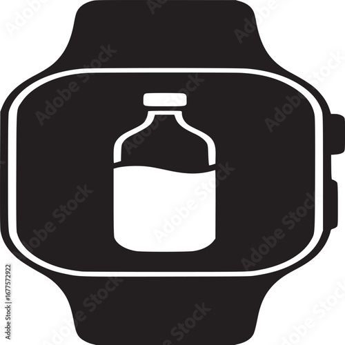 A black and white illustration of a smart watch displaying a bottle of liquid on the screen icon