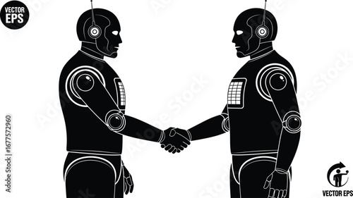 Two robots shaking hands isolated on white background, symbolizing a technological business partnership