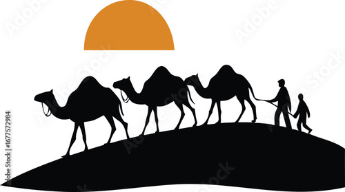 Silhouette of camels and people walking in desert with sunset, caravan journey, traditional nomadic travel, desert life and adventure scene