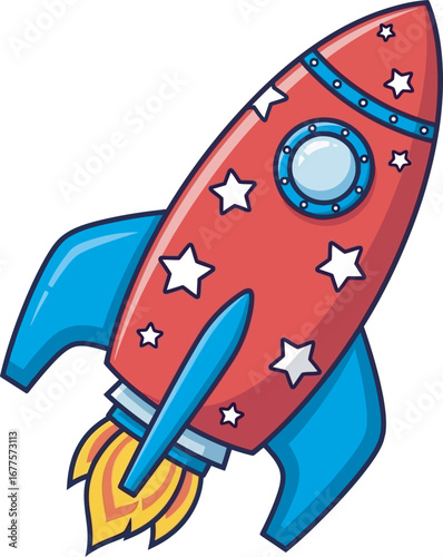 A vibrant red cartoon rocket ship decorated with white stars and blue fins blasting off with fiery flames