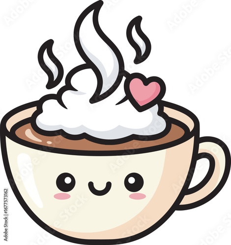 Adorable cartoon hot chocolate mug with a happy face whipped cream and a pink heart