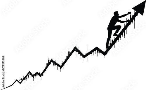 Silhouette of a person climbing an upward trending arrow graph isolated on white background