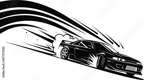 A black and white vector illustration of a drifting car with smoke trails isolated on white background