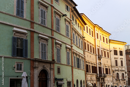 Facade of old houses in the historic center of Perugia, Umbria, Italy, Europe