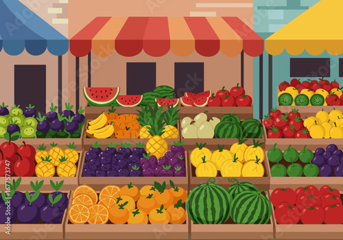 Colourful fruit and vegetable stalls at the city market with exotic produce