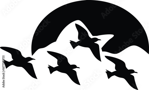 Silhouette of flying birds with mountain and sun, nature wildlife migration illustration, freedom sky travel scene design