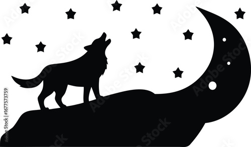 Silhouette of wolf howling on rock with crescent moon and stars, wild animal night scene illustration, forest wildlife design