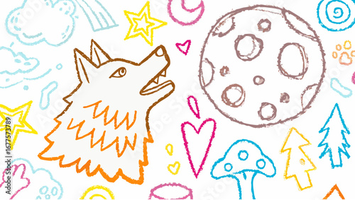 Illustration featuring a howling wolf head, moon, stars, hearts, trees, and mushrooms in crayon style silhouette