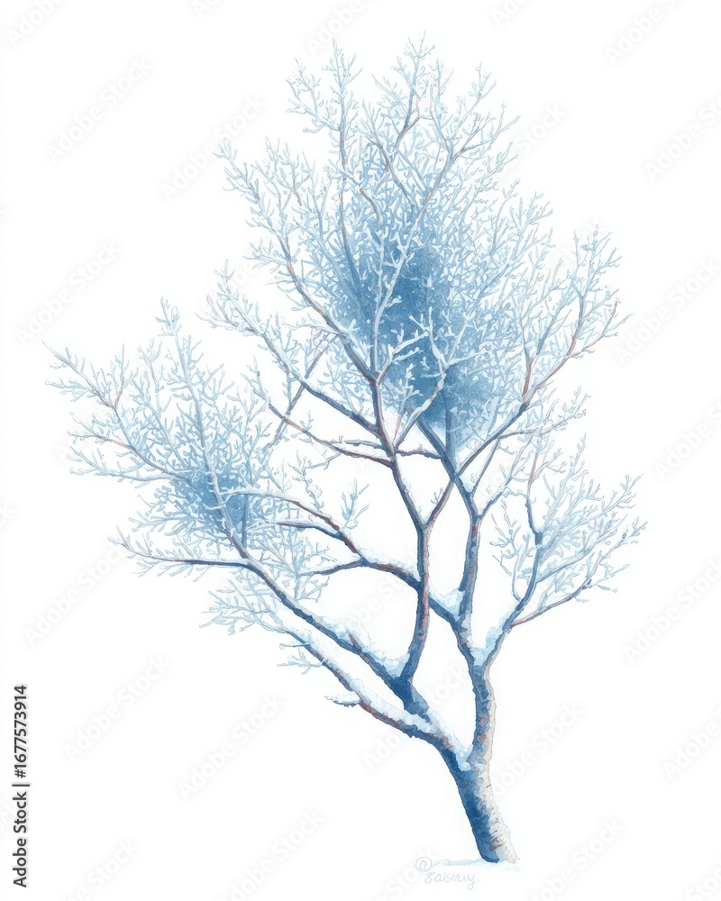 Obraz premium Delicate watercolor tree branch with white hoarfrost texture