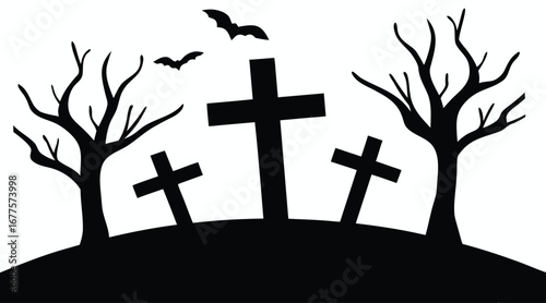 Haunted graveyard silhouette with crosses, bats and spooky trees, Halloween cemetery illustration horror gothic scary night design