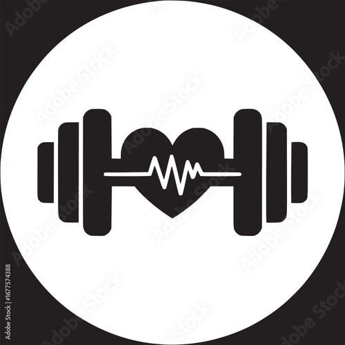 A black and white logo featuring dumbbells flanking a heart with an ekg line inside a white circle