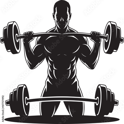 Silhouette of muscular man lifting barbell with weights in a gym on a white background illustration