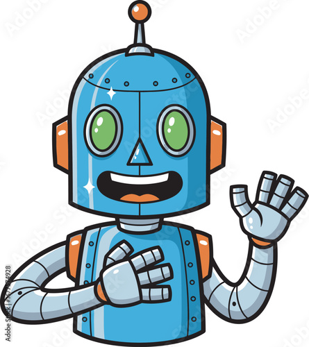 Friendly blue cartoon robot with a shiny metallic finish waving and smiling happily