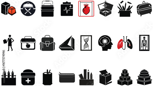 Set of Assorted Medical and Educational Icons Featuring Boxes, Doctor, Body Parts, and School Supplies in a Graphic Design