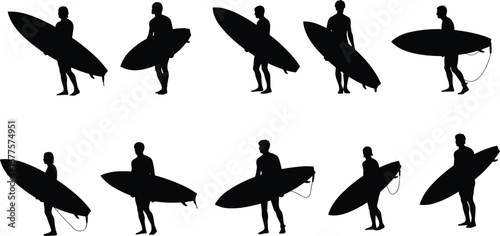 Surfer holding surfboard silhouettes, beach lifestyle poses, ocean sport illustration, coastal adventure art, summer water activity, vector surfing culture design